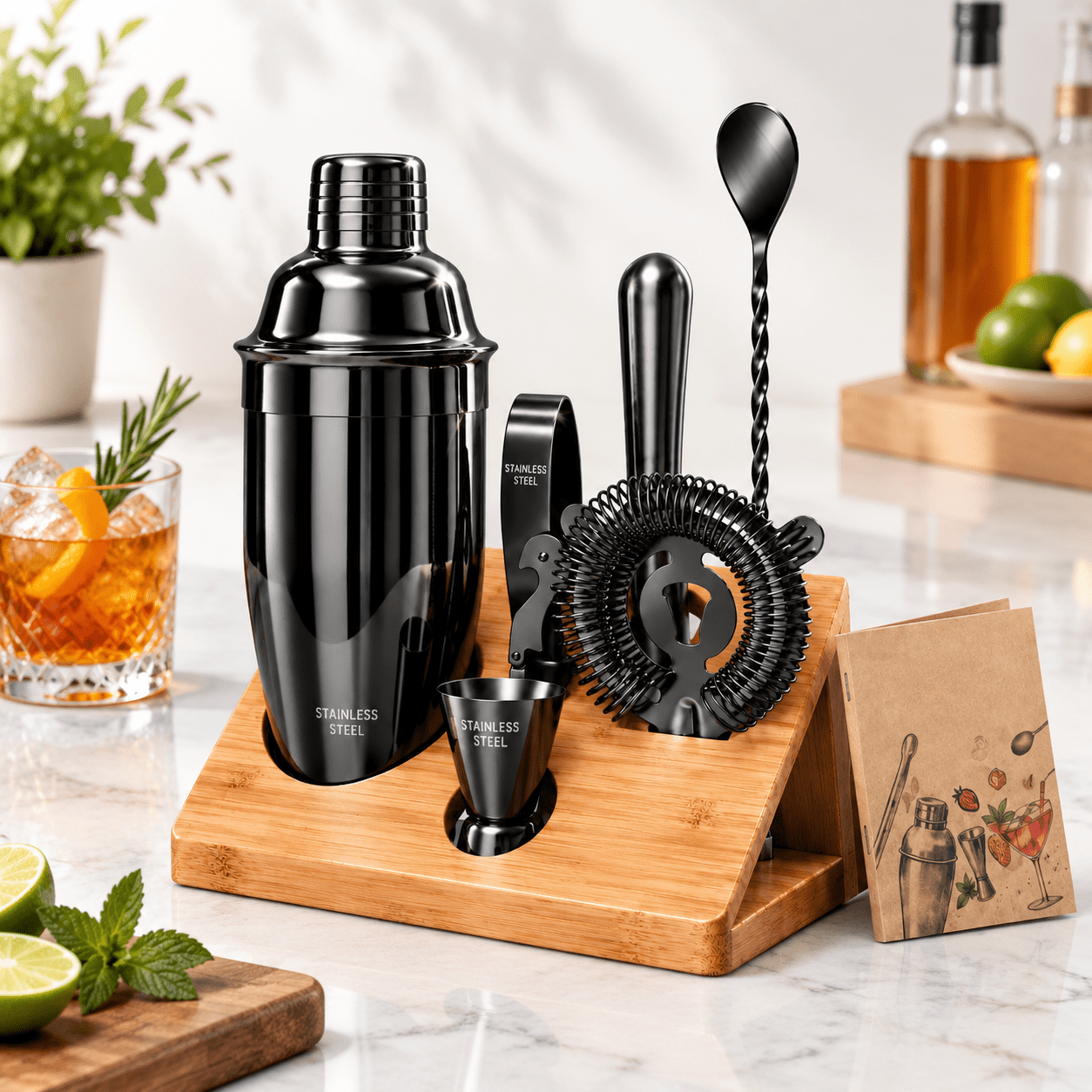 Cocktail Bar Collection 10-Piece Black Stainless Steel Cocktail Shaker Set with Stand for Home ...