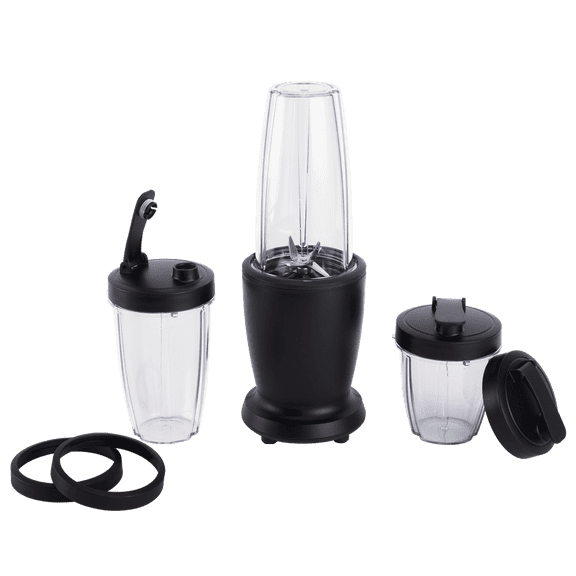 10-Piece Blender Set, Black, 300W, with 3 Jars (10oz, 16oz, 18oz), 2 Drinking Lids, Stainless Steel Blade