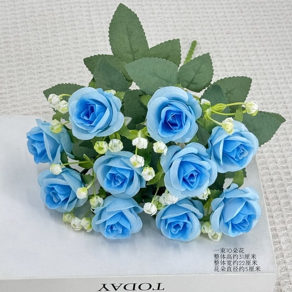 10-Piece Blue Roses Bouquet with Baby's Breath – Sky Blue Artificial Rose Heads for Wedding Centerpieces & Table Décor (Plastic)