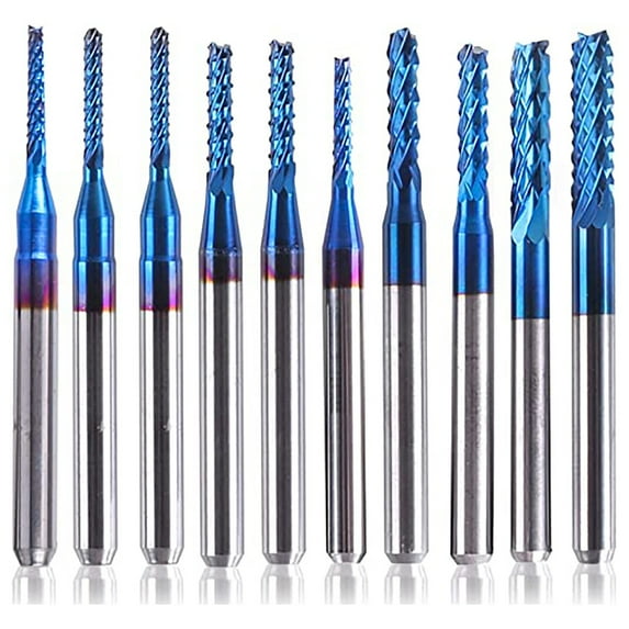 10 Piece Blue Titanium Coated Carbide Cnc Router Bits Set for Wood Metal Plastic Engraving and Milling