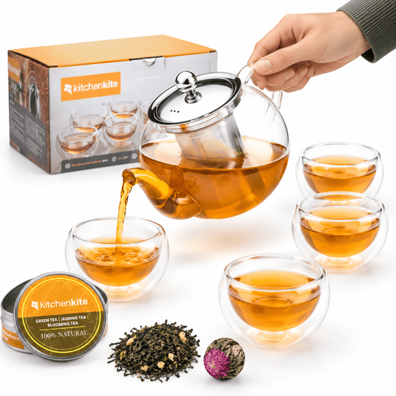 10-Piece Borosilicate Glass Tea Set with 4 Double Wall Cups, Stainless Steel Infuser