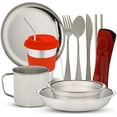 thumbnail image 1 of 10-Piece Camping Dish Set - Stainless Steel Camp Mess Kit with Mesh Bag for Camping, Backpacking, Hiking - Complete Camping Dinnerware Set with Cup, Plate, Bowl, and Cutlery (with Zipper Cutlery Bag), 1 of 4
