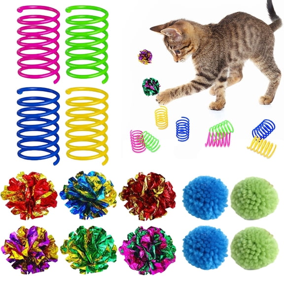 10 Piece Cat Toy Set, Kitten Toy Set, Bouncing Activity Toys for Indoor Cats, Interactive Cat Toy Pack Including Cat Crinkle Balls, Cat Sparkle Balls, Spiral Springs for Most Cats