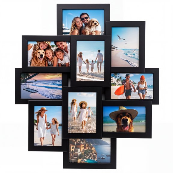 10-Piece Collage Picture Frame – MDF, HD Glass, Rotating Buckle, Diamond Layout – 19.4" x 23.6", 10 5.7" x 3.7" Photos – for Home, Bedroom – Black