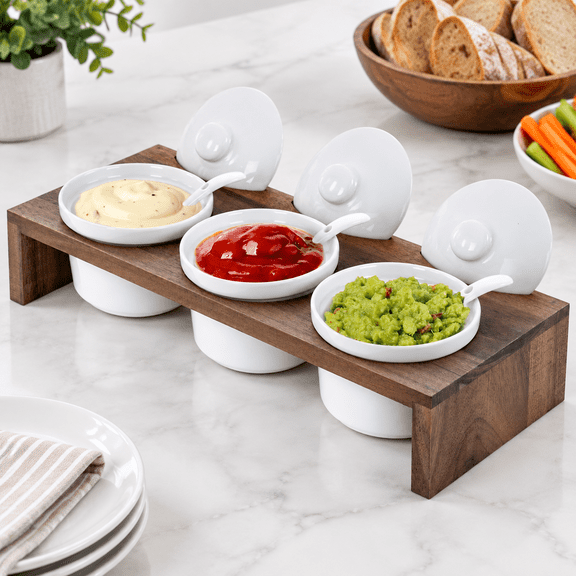 10-Piece Condiment Server Set with Solid Wood Tray and Ceramic with Lids and Spoons