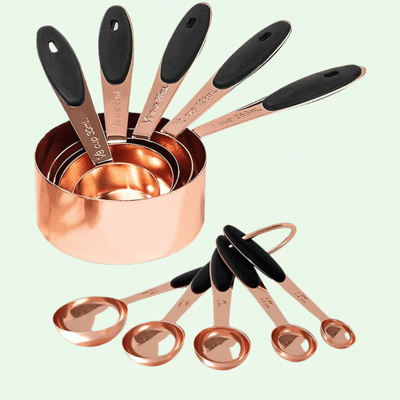 10 Piece Copper Measuring Cups and Spoons Set, Stainless Steel with Soft Touch Silicone Handles for Dry and Liquid Ingredients