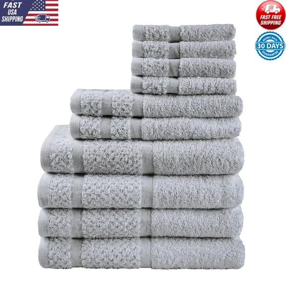 10 Piece Cotton Towel Set Plush Soft Absorbent Quick Dry Bathroom Essential New