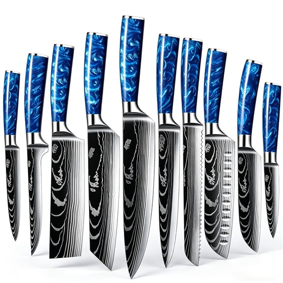 10-Piece Damascus Pattern Kitchen Knife Set with Blue Resin Handles, High Carbon Steel Chef Knives, Ultra Sharp Multi-purpose Cooking Knives for Home & Restaurant Use