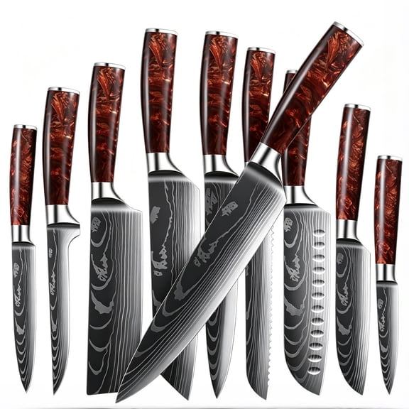 10-Piece Damascus Pattern Kitchen Knife Set with Red Resin Handles, 5Cr15MoV High Carbon Steel Chef Knives, Ultra Sharp Multi-purpose Cooking Knives for Home & Restaurant Use