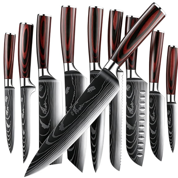 10-Piece Damascus Pattern Kitchen Knife Set with Wood Handles, High Carbon Steel Chef Knives, Ultra Sharp Multi-purpose Cooking Knives for Home & Restaurant Use