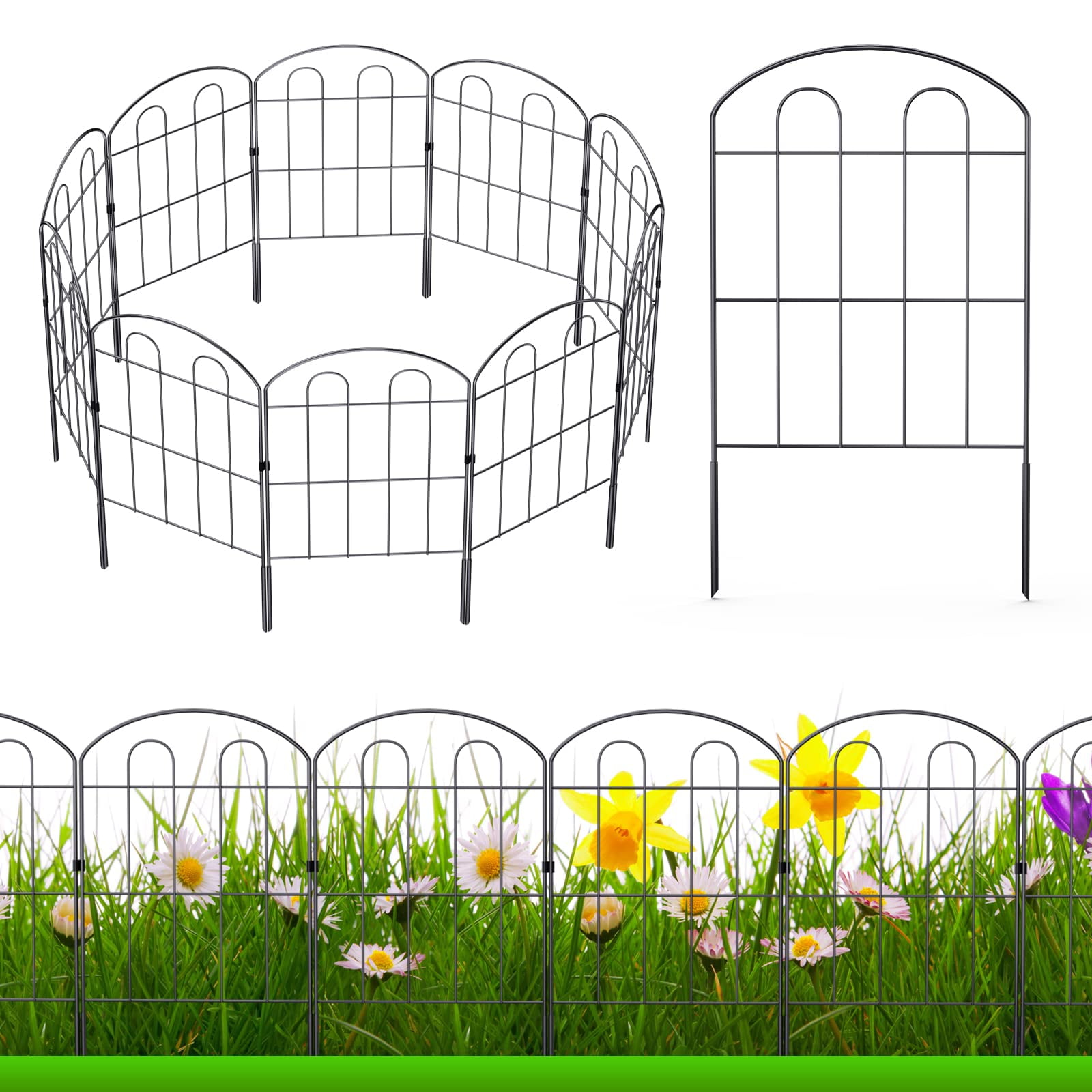 Black Metal Decorative Garden Fence Panels, 10 Pack, 10ft x 24in