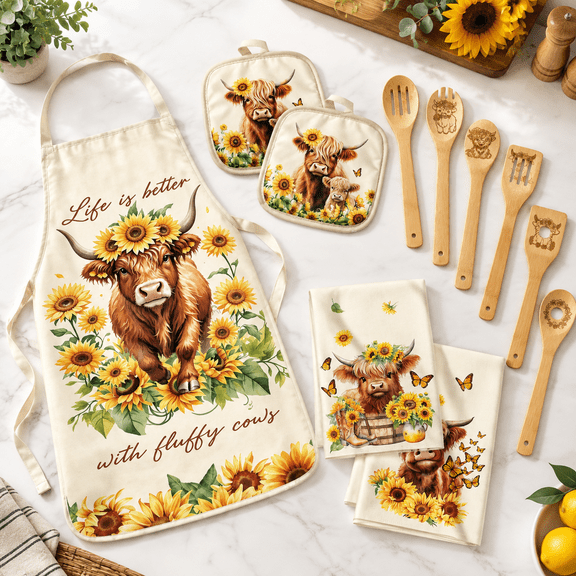 10-Piece Farmhouse Highland Cow Sunflower Print Kitchen Cooking Utensil Set with Wooden Spoons, Apron, Towels and Potholders