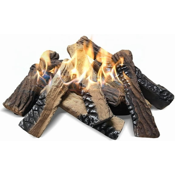 10-Piece Gas Fireplace Logs Set, Heat Resistant Realistic Ceramic Wood Logs for Indoor or Outdoor Fireplace, Fire Pit Decor, Lightweight & PortableFireplace Stove