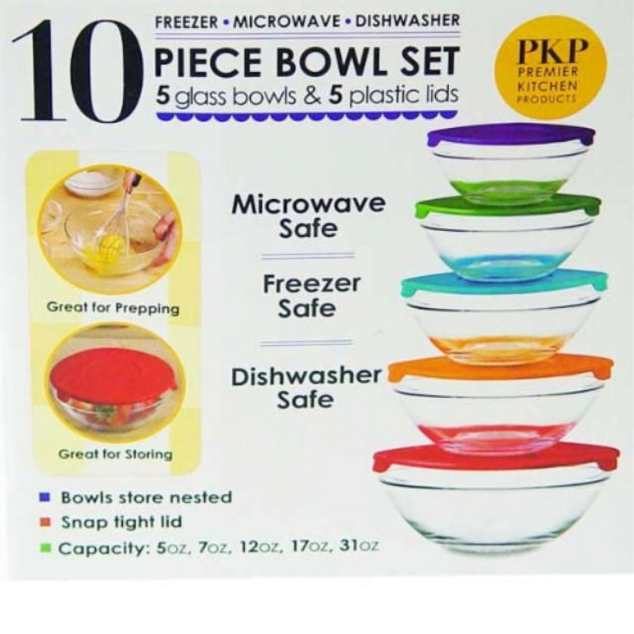 10 Piece Glass Bowl Set with Lids (Microwave, freezer and dishwasher safe)