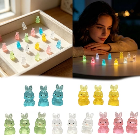 10-Piece Glow-in-the-Dark Bunny Figurines, Colorful Luminous Rabbit Miniatures for Fairy Garden & Desk Decor