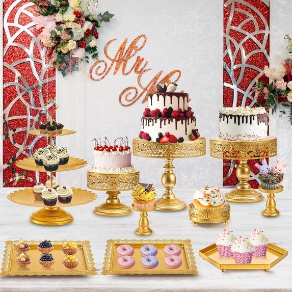 10-Piece Gold Metal Cake Stand Set with Cupcake Holder and Serving Trays for Wedding Birthday Party