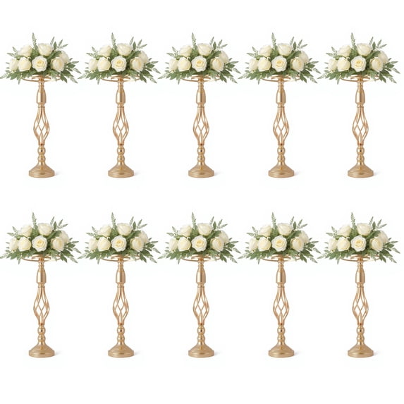 10-Piece Golden Crystal Wedding Centerpiece Set | 20.5" Tall Elegant Flower Vases for Luxurious Event & Home Decor