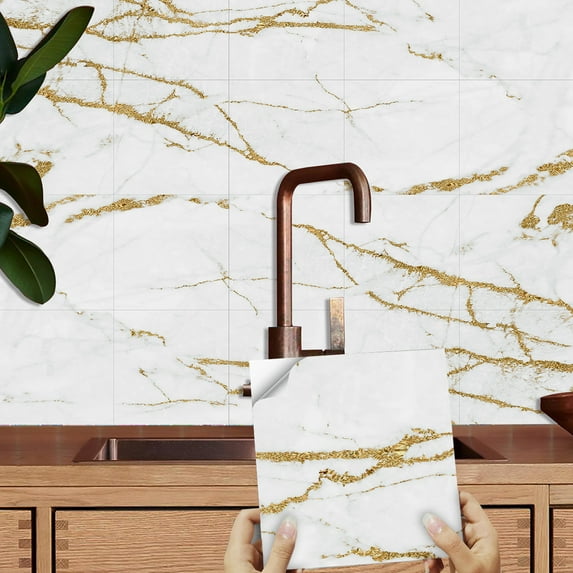 10 Piece Gray Gold Marbling Tiles Decals Stickers 8 x 8inches Self-adhesive Waterproof Removable Vinyl Peel and Stick for Kitchen Bathroom Wall Decor