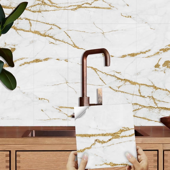 10 Piece Gray Gold Marbling Tiles Decals Stickers 8 x 8inches Self-adhesive Waterproof Removable Vinyl Peel and Stick for Kitchen Bathroom Wall Decor
