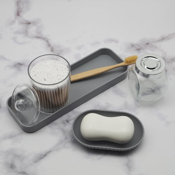 10-Piece Grey Bathroom Accessory Set with Trash Can, Toothbrush Holder and Cup, Soap Dispenser, Soap Dish, Toilet Brush Holder, Vanity Tray, Qtip Holder, Tissue Box Cover