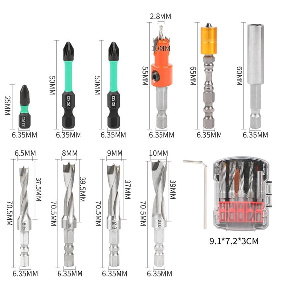 10-Piece HSS Drill And Driver Set With Countersink Bits, 6.35mm Hex Shank For Wood And Metal, Magnetic Extension Bar Included, Compact Case For DIY Woodworking And Household Repairs