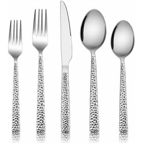 10-Piece Hammered Silverware Set, Stainless Steel Square Flatware Set Service for 2, Tableware Cutlery Set Includes Forks Spoons Knives, Modern Design & Mirror Polished - Dishwasher Safe