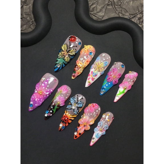 10-Piece Hand-Painted Press-On Nails Set - Multicolor Floral Butterfly
