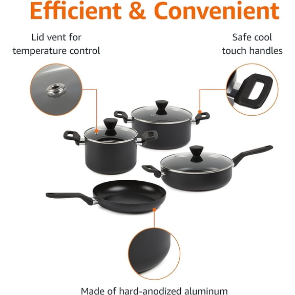 10-Piece Hard Anodized Non-stick Stackable Cookware Set, Oven Safe, Dishwasher Safe, Stay-Cool Handles, Space Saving, Black