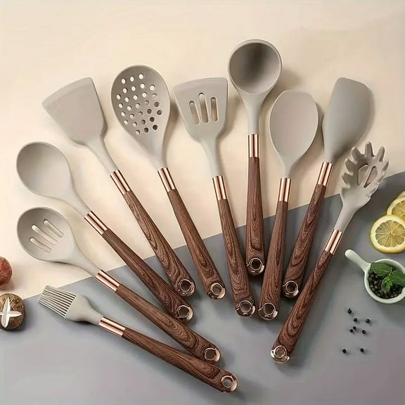 10Piece HeatResistant Silicone Kitchen Utensil Set, NonStick WoodenHandle Cooking Tools, Dishwasher Safe Modern Cookware Gadgets for Home Cooking