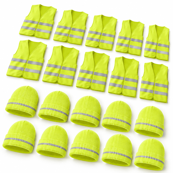 10-Piece High Visibility Safety Vest and Reflective Beanie Set