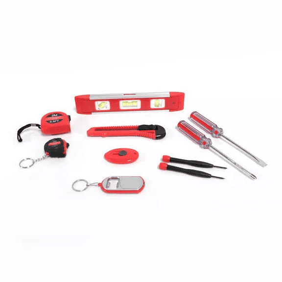 10 Piece Household Tool Set, Red, Level, Screwdrivers, Measuring Tape
