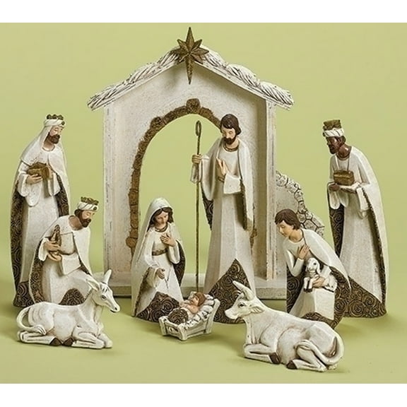 10-Piece Ivory And Gold Religious Christmas Nativity Figurine Set, 11.5"