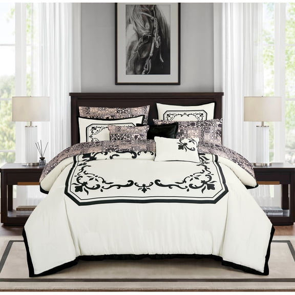 10-Piece Ivory & Black Comforter Set with Sheet Set, Geometric Damask Bed in a Bag King Size