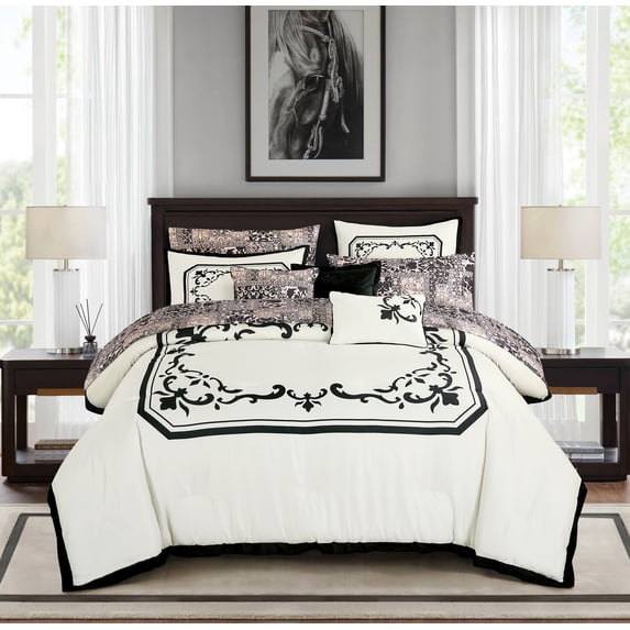 10-Piece Ivory & Black Comforter Set with Sheet Set, Geometric Damask Bed in a Bag Queen Size
