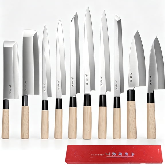 10-Piece Japanese Kitchen Knife Set with Maple Wood Handles, High Carbon Steel Professional Chef Knives, Ultra Sharp Sushi Sashimi Knives for Home & Restaurant Use