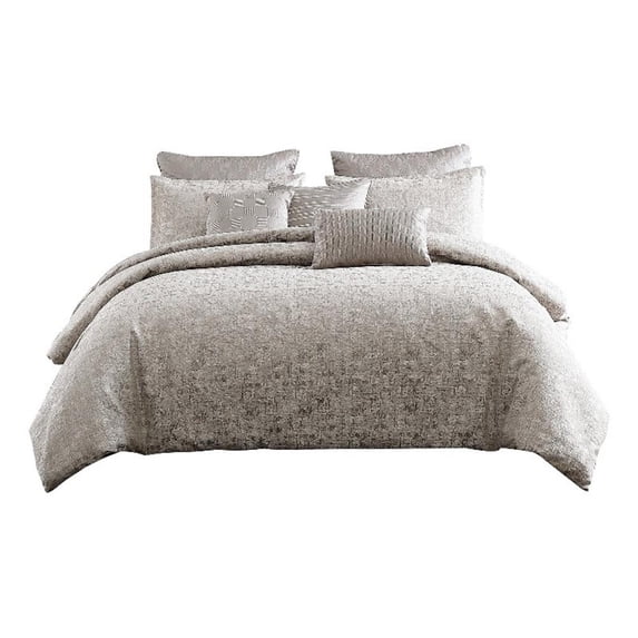 Benjara 10 Piece King Polyester Comforter Set with Jacquard Print- Gray