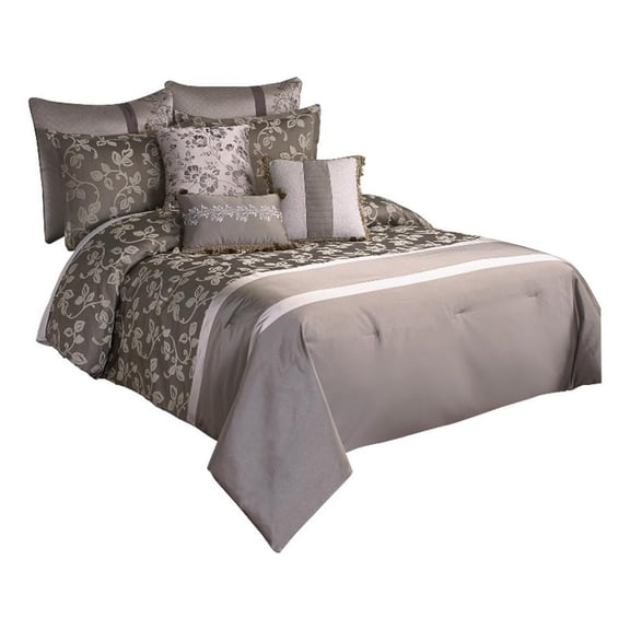 Benjara 10 Piece King Polyester Comforter Set with Leaf Print- Platinum Gray