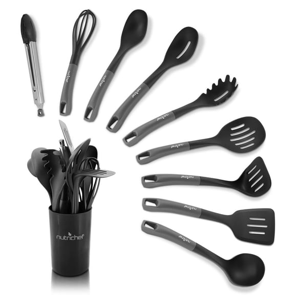 10-Piece Kitchen Cooking Utensils Set - Non-stick Heat Resistant Silicone Kitchen Gadgets Cookware Tools, Cooking Utensils Set with Holder, Pots & Pans Accessories - NutriChef NCUTL10BD (Gray/Black)