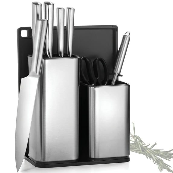 10 Piece Kitchen Knife and Utensil Holder set - 6 Stainless Steel Knives, Knife Sharpener with Knife Block- Kitchen Scissor - Cutting Board & Knife set Holder- Modern Stainless Steel Kitchen Knife Set