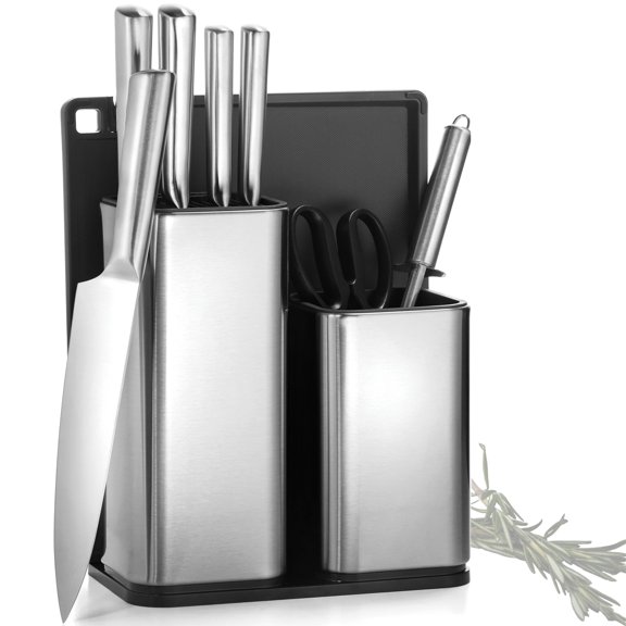 10 Piece Kitchen Knife and Utensil Holder set - 6 Stainless Steel Knives, Knife Sharpener with Knife Block- Kitchen Scissor - Cutting Board & Knife set Holder- Modern Stainless Steel Kitchen Knife Set