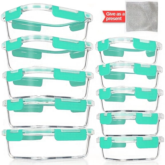 10-Piece Large Rectangular Borosilicate Glass Meal Prep Containers, Airtight Leakproof Snap Lids, Freezer & Microwave Safe for Home Office Restaurant