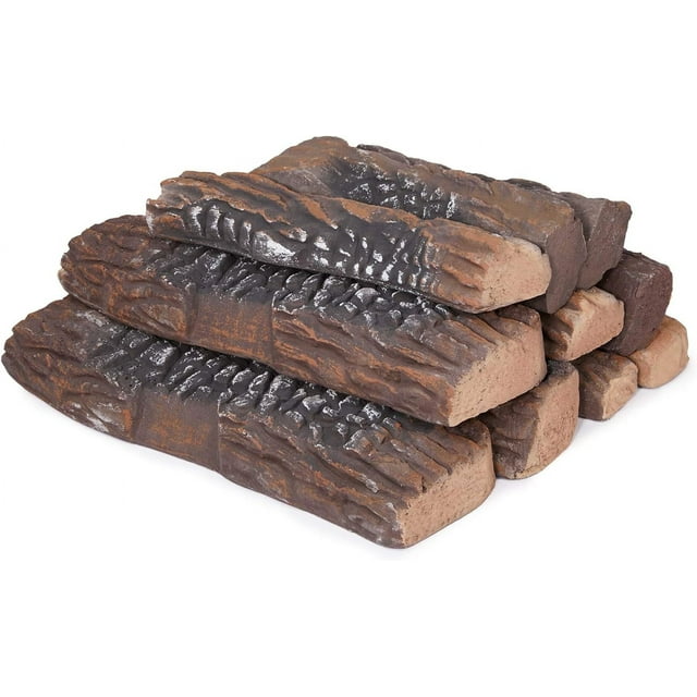 10Piece Large Vented Ceramic Logs for Indoor Natural Gas Fireplace, Durable Gas Fireplace Logs
