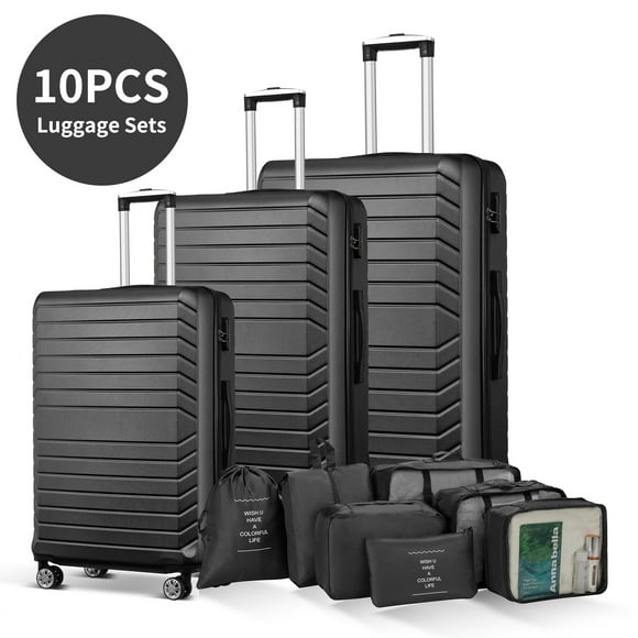 10 Piece Luggage Sets, 20 24 28 inch Lightweight Harside Suitcase with Spinner Wheels and 7PCS Packing Cubes(Black)