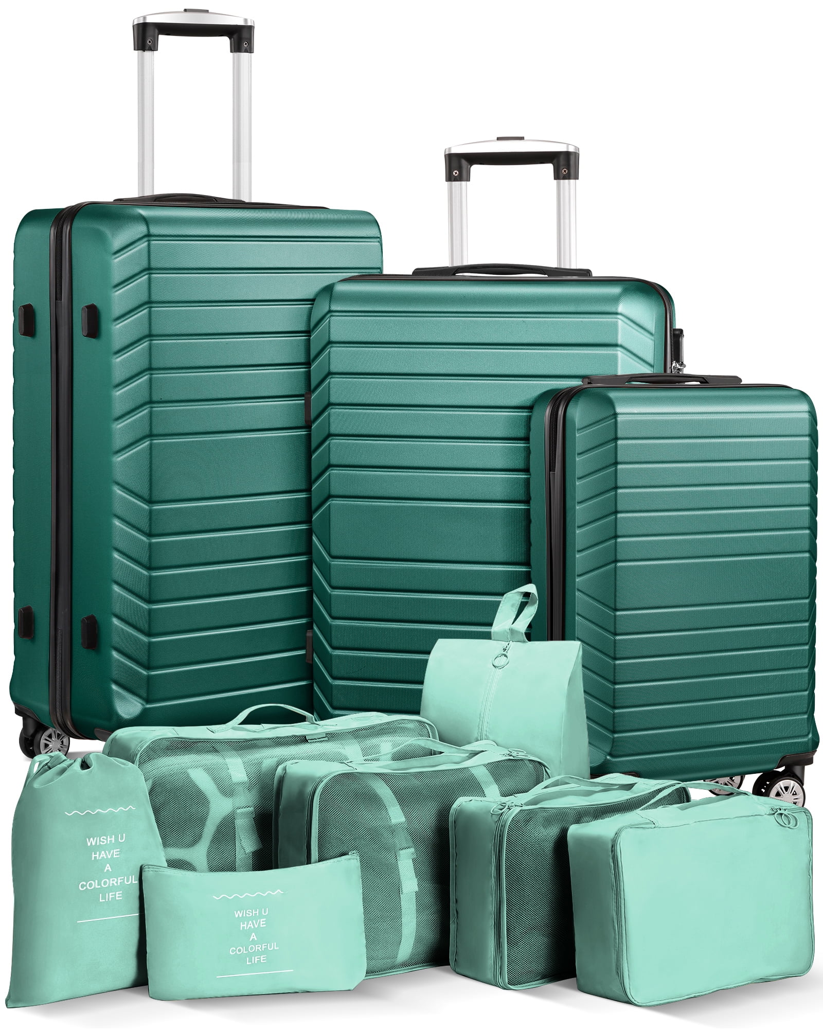 10 Piece Luggage Sets, 20 24 28 inch Luggage with 7PCS Packing Cubes, Suitcase with Wheels(Green) - Walmart.com