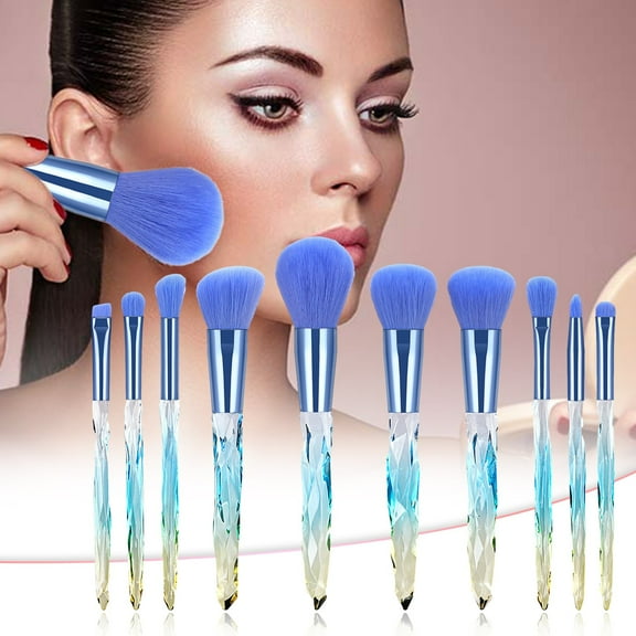10-Piece Makeup Brush Set, Crystal Handle, Blue - 10 Makeup Brushes, Makeup Brushes Premium Synthetic Concealers Foundation Powder Eye Shadows Makeup Brushes, Easter, St. Patrick'S Makeup Organizers