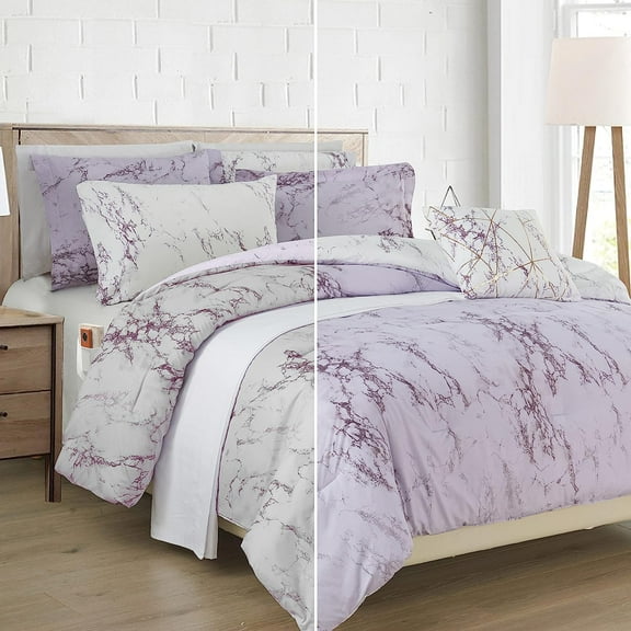 10-Piece Marble Collection, Reversible Bed-in-a-Bag with Decorative Pillow and Smart Sheet Set, Two Styles in One, Twin Size, Lilac/White