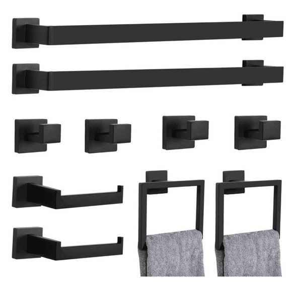 10-Piece Matte Black Bathroom Hardware Set Tow Set for Bathroom Include 24 inch Tow Towel Ring Holder Coat Hooks Stainless Steel Wall Mounted Towel Holder Set