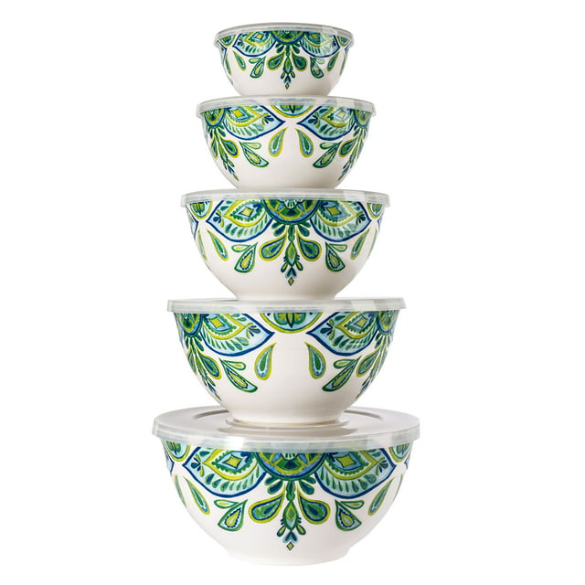 10 Piece Melamine Mixing Bowl Set with Lids, Green and Blue Floral