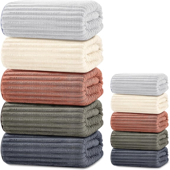 10 Piece Microfiber Bath Towel Set 280 GSM Coral Fleece, 5 Oversized 35 x 67 Bath Sheets & 5 Hand Towels, Ultra Soft Quick Dry Bath Towels Dark Grey, Terracotta, Light Gray, Cream, Brown