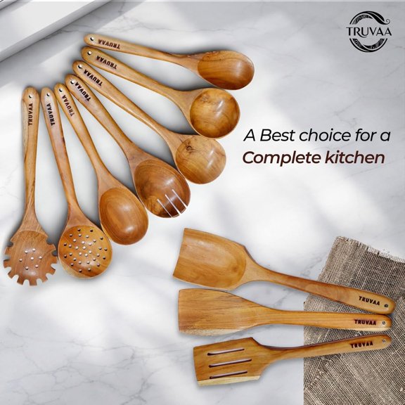10 Piece Natural Teak Wood Cooking Utensils Set for Non-Stick Cookware Heat-Resistant Kitchen Tools with Comfortable Grip